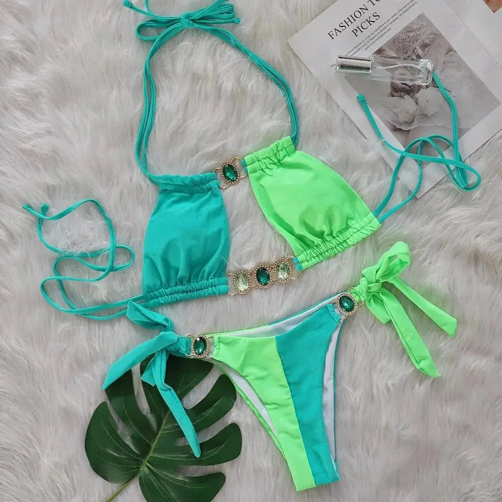 L / Green New arrivals 2024 summer diamond two piece swimwear beachwear beachwear woman bikini