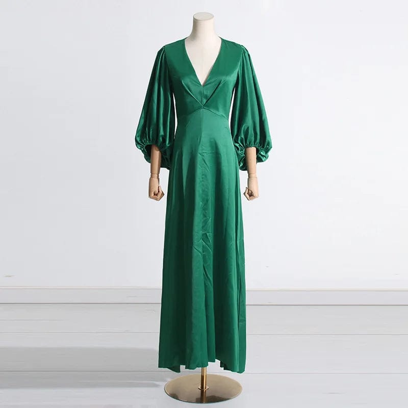 L / Green OUDINA 2024 New Arrivals Elegant Waist Pleated V-neck Puff Sleeve Women's Clothing Dress Long Casual Dresses