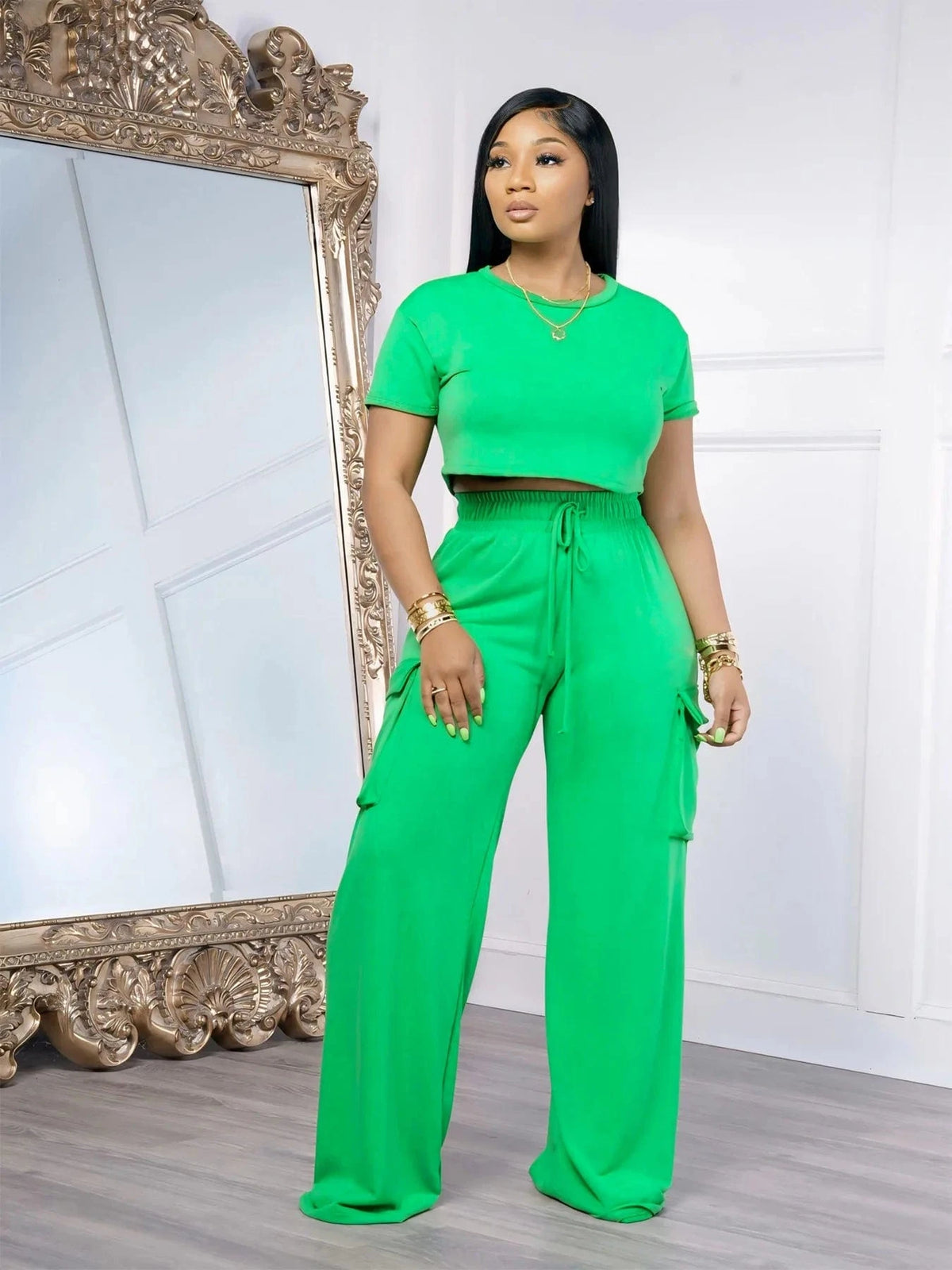 L / Green Summer collection 2024 wide leg palazo pants two piece set for ladies with cargo pockets