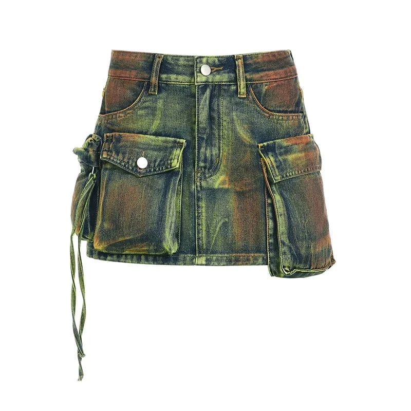 L / Green Tie Dye Women's Jean Cargo Skirts Patchwork Multi Pockets Sexy Ladies Jeans Pencil Short Skirt Denim Cargo Skirt Mini for Women