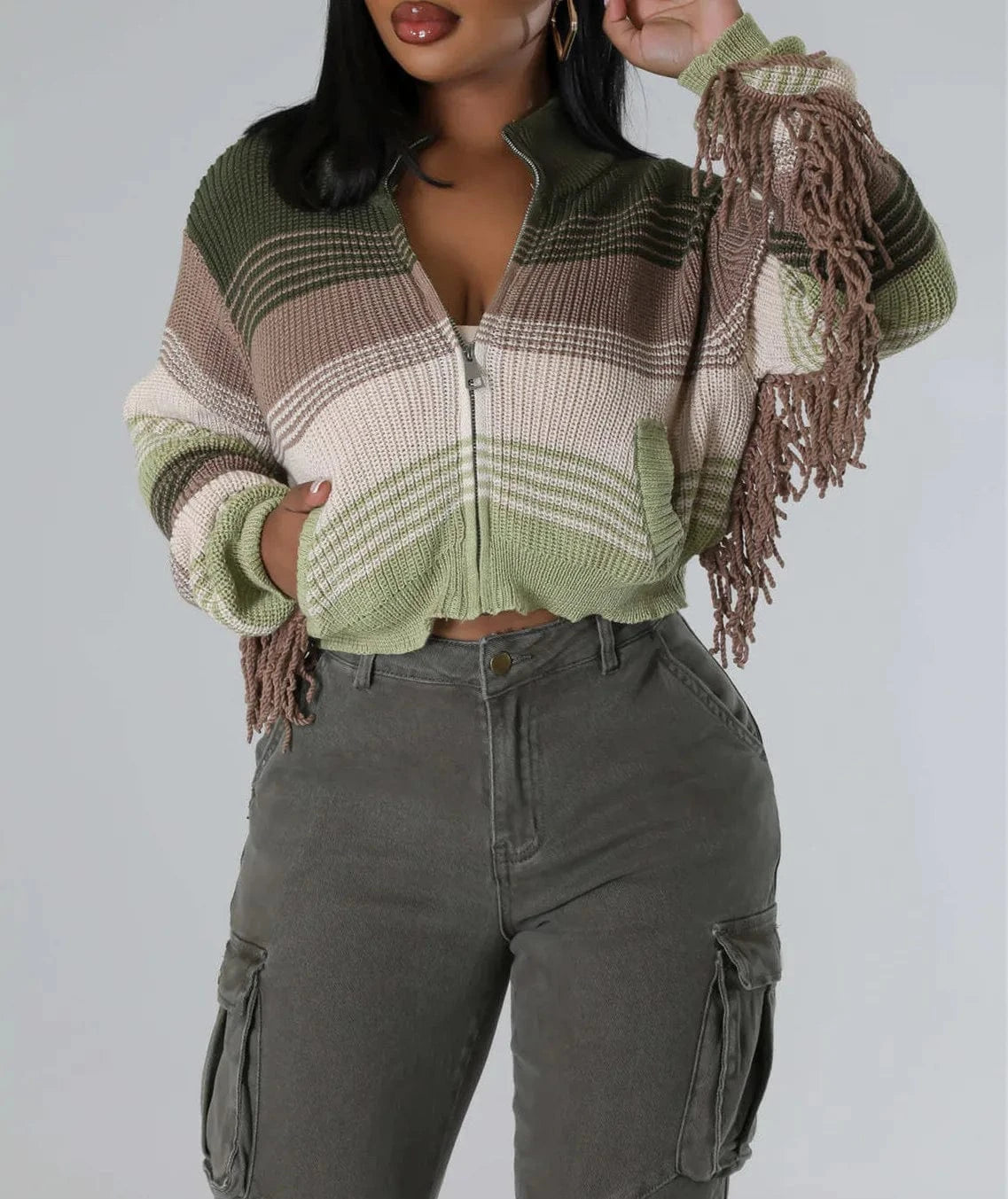 L / green top 2024 Patchwork Knitted Tassel Sets Hand Crochet Women High Waist Pockets Fringed Casual Loose Sweater 2 Piece Set