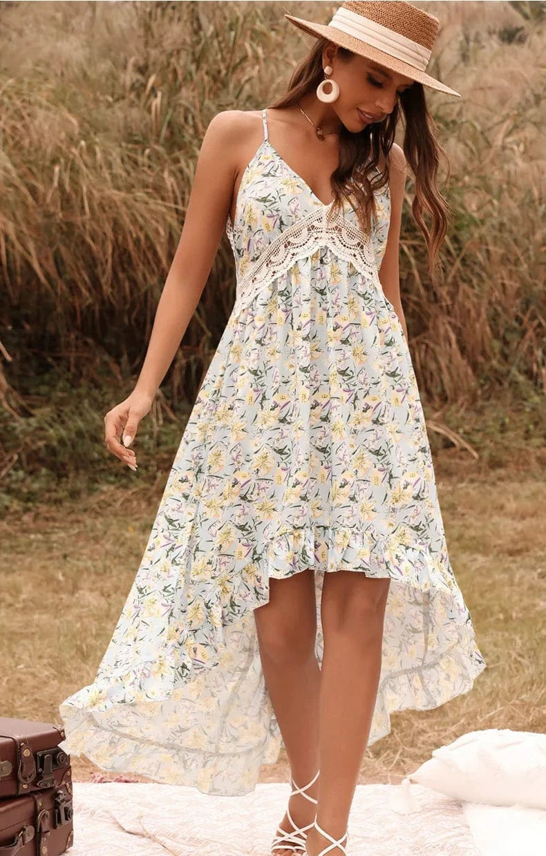 L / Green Wholesale 2022 Summer Long Dress Women Floral Print Sexy Deep V-neck Sleeveless Spaghetti Strap Backless Long Sundress