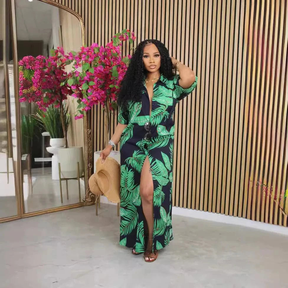 L / Green Wholesale sun 2024 women beach ladies bohemian tropical leaf print boho maxi dresses