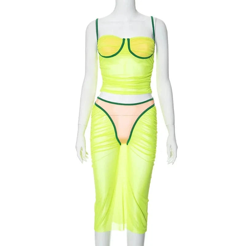 L / Green ZHEZHE 2024 New Summer Wrinkle Women Clothes Set Camisole Tops+Midi Skirt Patchwork Mesh 2 Piece Sets For Women