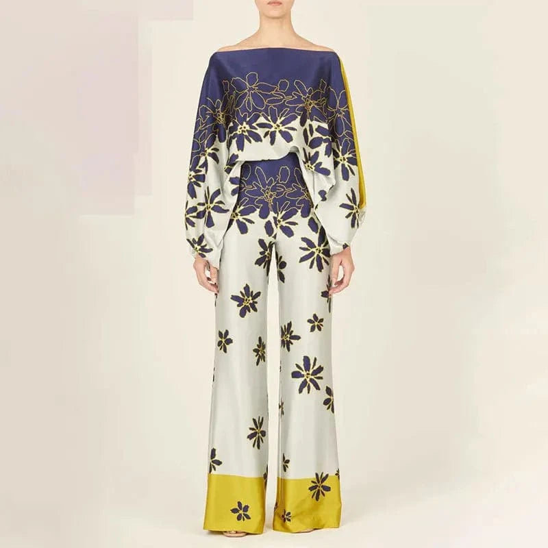 L / HH24130Y6 2024 New Fashion Print Dropped Shoulders Women Casual Outfit Sets long sleeve One-shoulder top with long pants set street wear