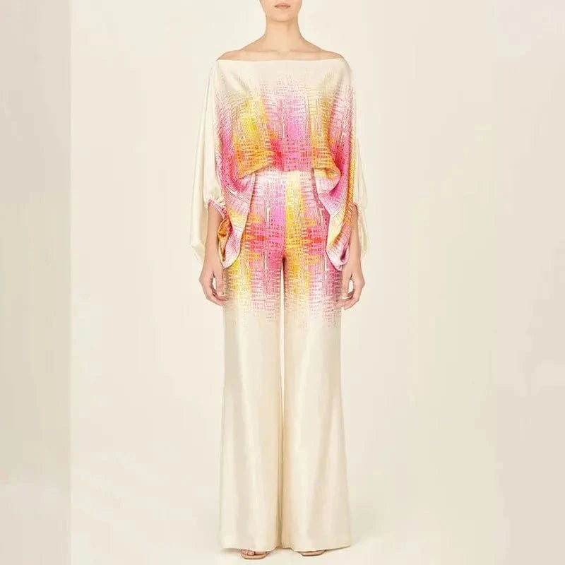 L / HH24130Y8 2024 New Fashion Print Dropped Shoulders Women Casual Outfit Sets long sleeve One-shoulder top with long pants set street wear