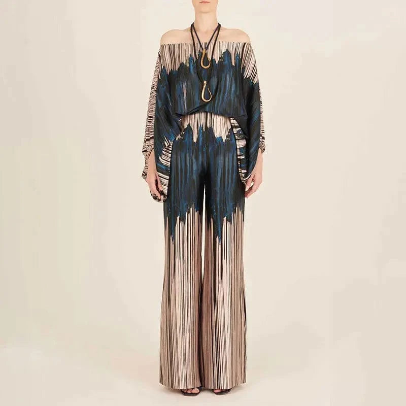 L / HH24130Y9 2024 New Fashion Print Dropped Shoulders Women Casual Outfit Sets long sleeve One-shoulder top with long pants set street wear