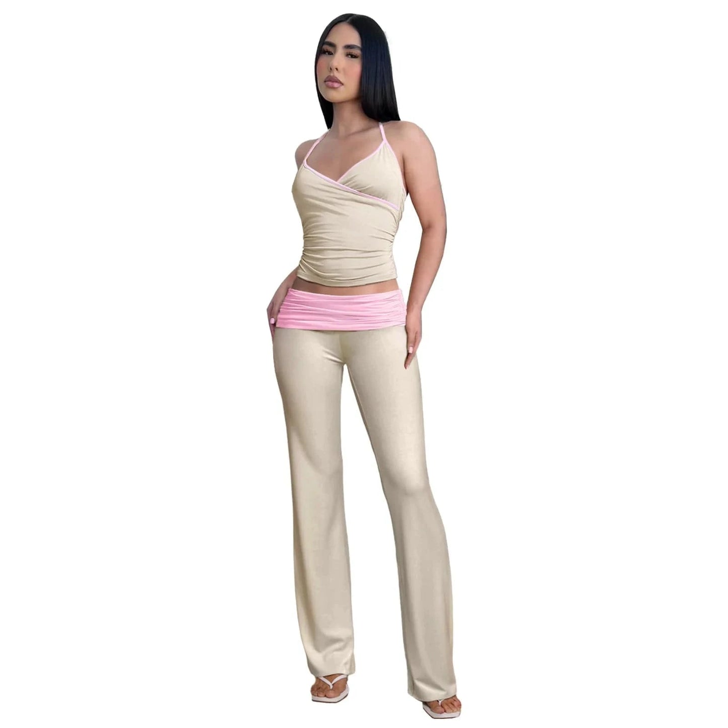 L / Khaki 2024 Spring Women's Two Piece Suits Y2k Style Streetwear Clothing Set Square Collar Crop Tops Flare Pant Set