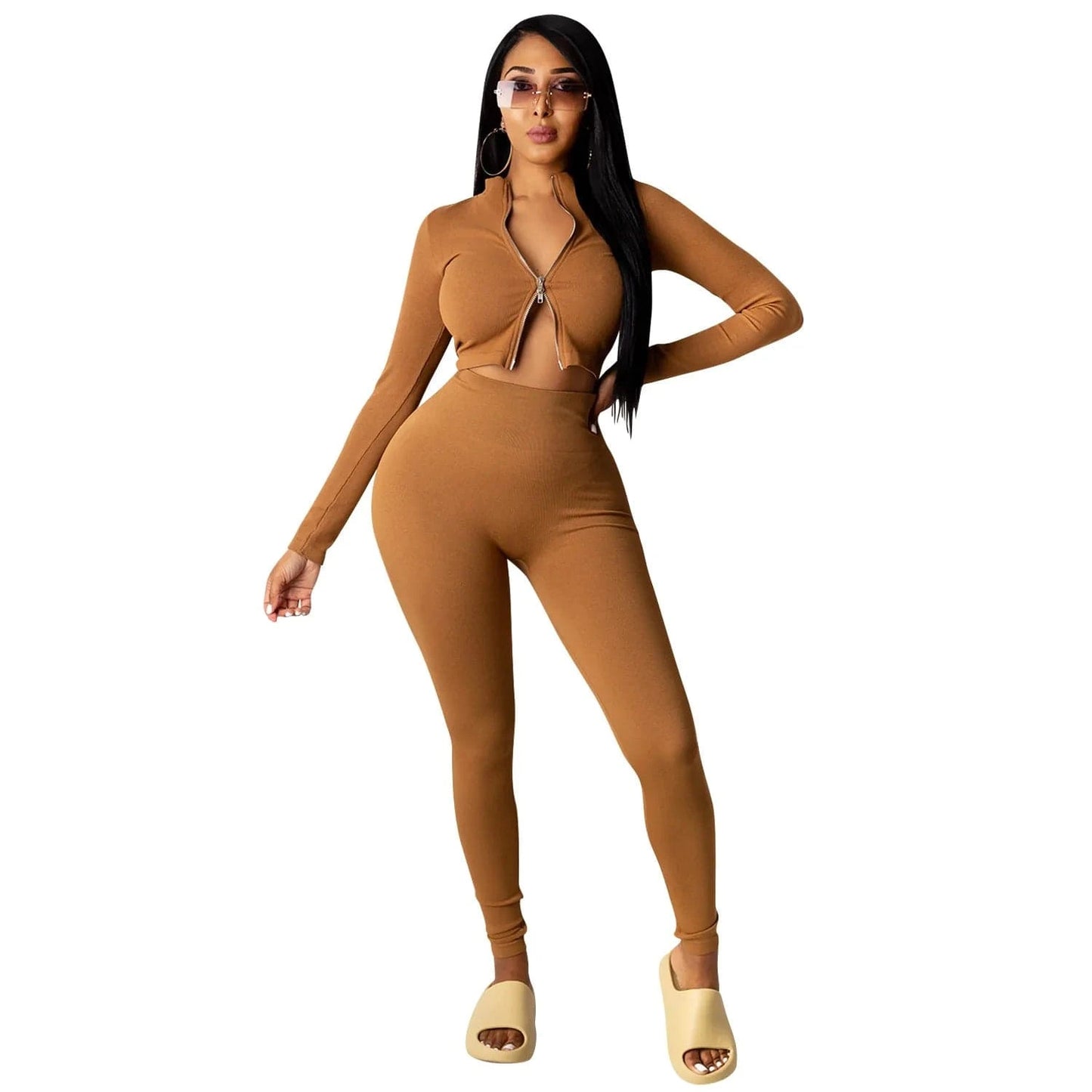 L / Khaki 2024 Wholesaler New Fall Women Casual Solid Color 2 Piece Pants Set Sweat Suits Outfit Women Two Piece Tracksuit Set