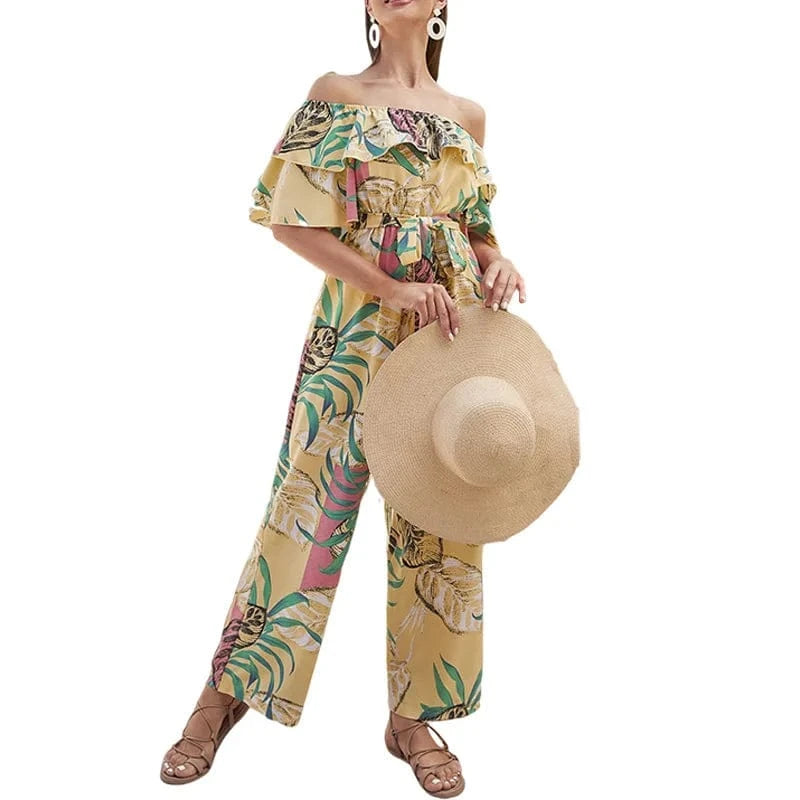 L / Khaki DAMOCHIC Casual Ladies Jumpsuit Strapless Elegant Long Print Jumpsuit Beach Summer Chiffon Ruffle Floral Women Jumpsuit 2023