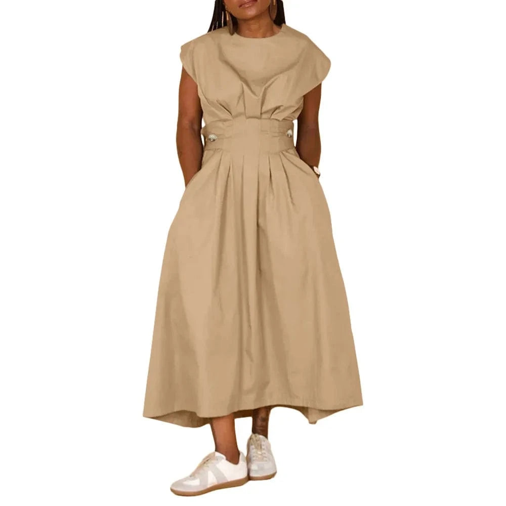 L / Khaki popular products 2024 stylish popular casual solid color round neck loose wide knitted nylon dress