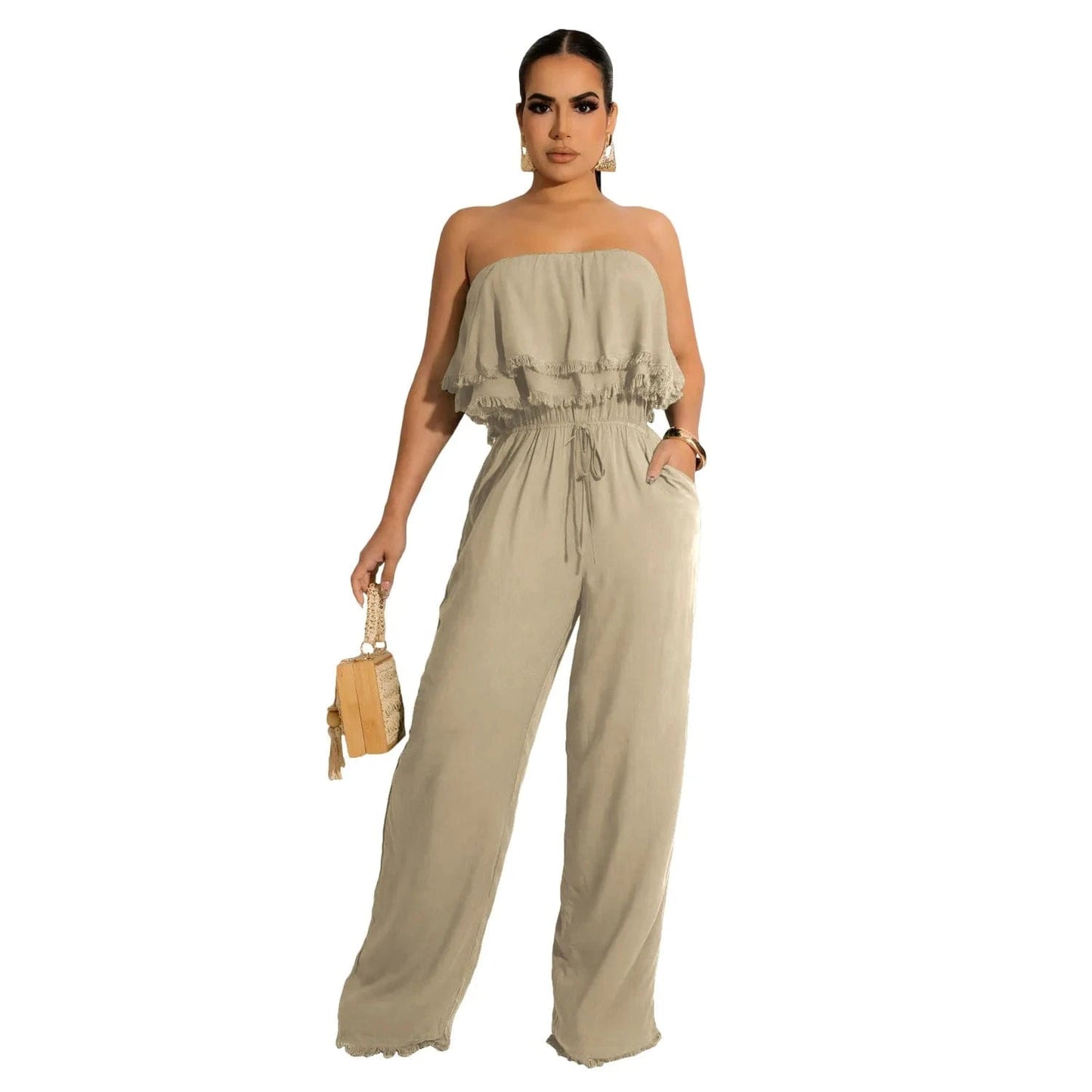 L / Khaki Summer jumpsuit women's casual wrap chest ruffle jumpsuit 2024 elegant office ladies work casual bodysuits