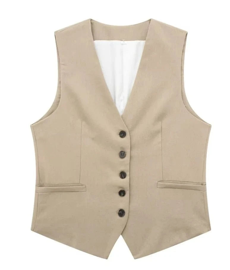 L / khaki Vest Liu Ming Wholesale 2024 New Arrivals Summer Woman Solid V Neck Sleeveless Single Breasted Vests High Waist Shorts Pants Set