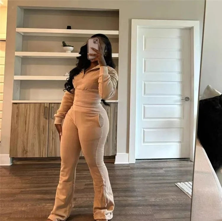 L / Khaki Women Solid 2 Piece Set Tracksuits Long Sleeve Zipper Pullover Sweatshirts Crop Top + Flare Pants Casual Streetwear Suit