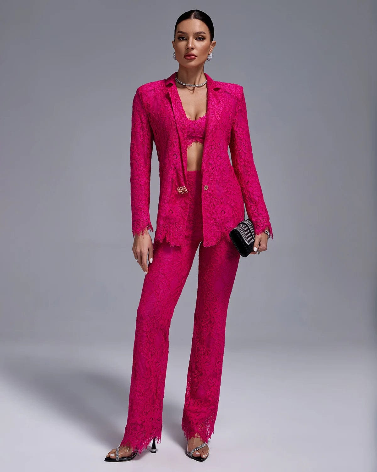 L / KLYF1034 Rose Ocstrade 2024 Spring Fashion Women Suits Set Blazer Lace Transparent Sexy Crop Top Single Breast Blazer Three Pieces Suit