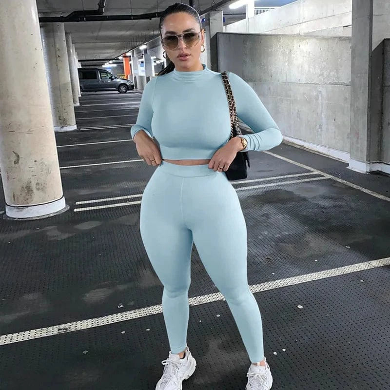 L / Light Blue 2024 Autumn and winter women's casual two-piece slim long sleeve sports suit