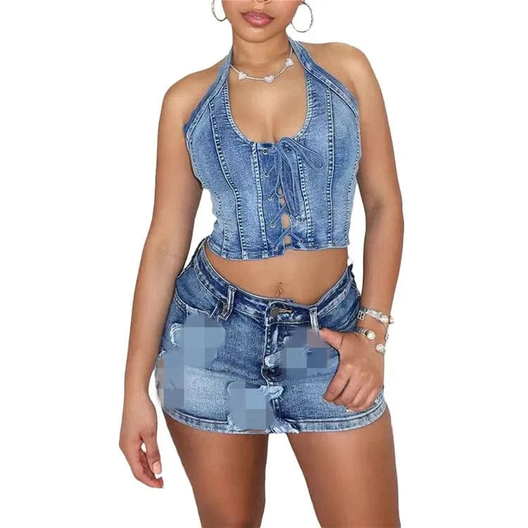 L / Light Blue 2024 Summer Denim Women's Set Sleeveless Halter Tops and Bodycon Mini Skirts Suit Two 2 Piece Sets