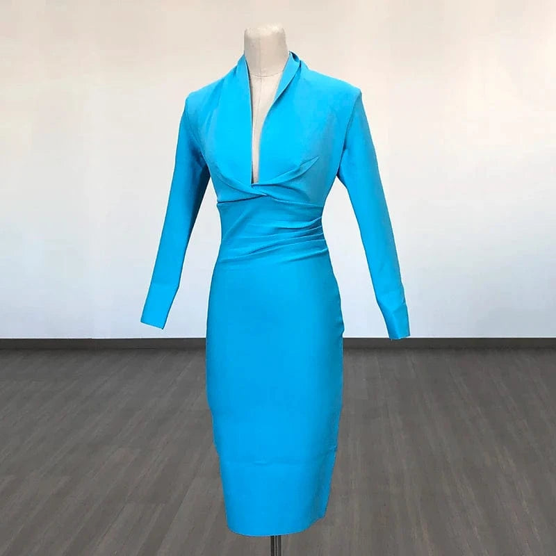 L / Light Blue BA042 New Women's Top Party Casual Bandage Dress Long Sleeve High Quality Midi Vestidos Bodycon Deep V-Neck Sexy Evening Dresses
