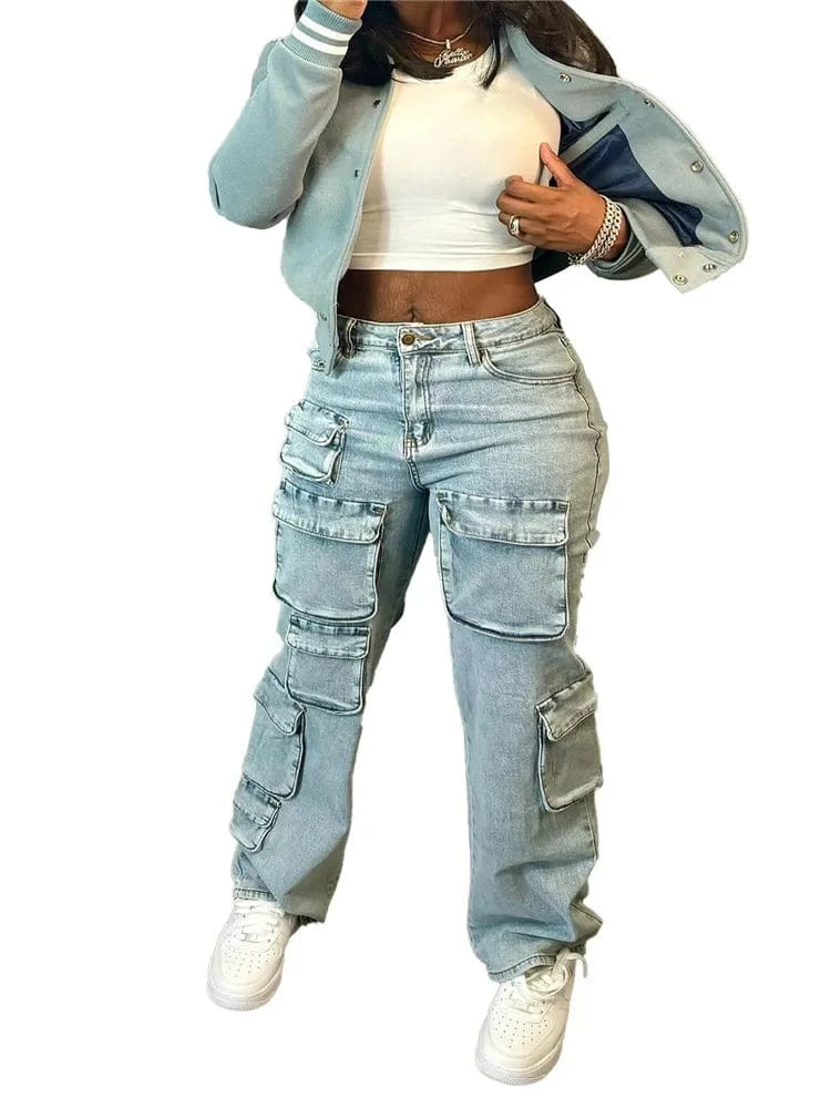 L / Light Blue Blue Autumn Casual Pocket Loose Denim Pants Women High Waisted Button Straight Jean Trousers