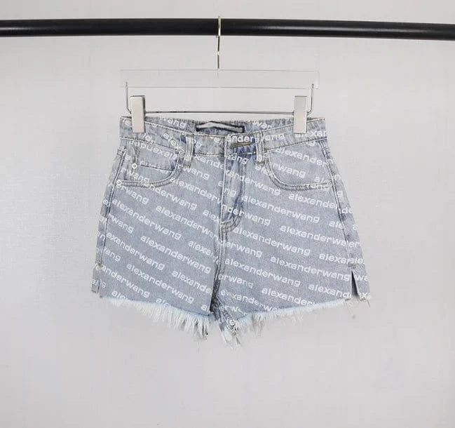 L / Light Blue C1208 Wholesale fashion letter printed casual women's denim shorts