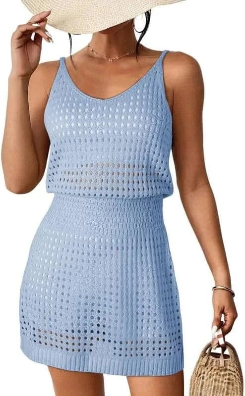 L / Light Blue Summer Crochet Hollow Out Knit Beach Bathing Suit Swim Cover Ups Cruise Outfits Vacation Dresses For Women 2024 vest skirt