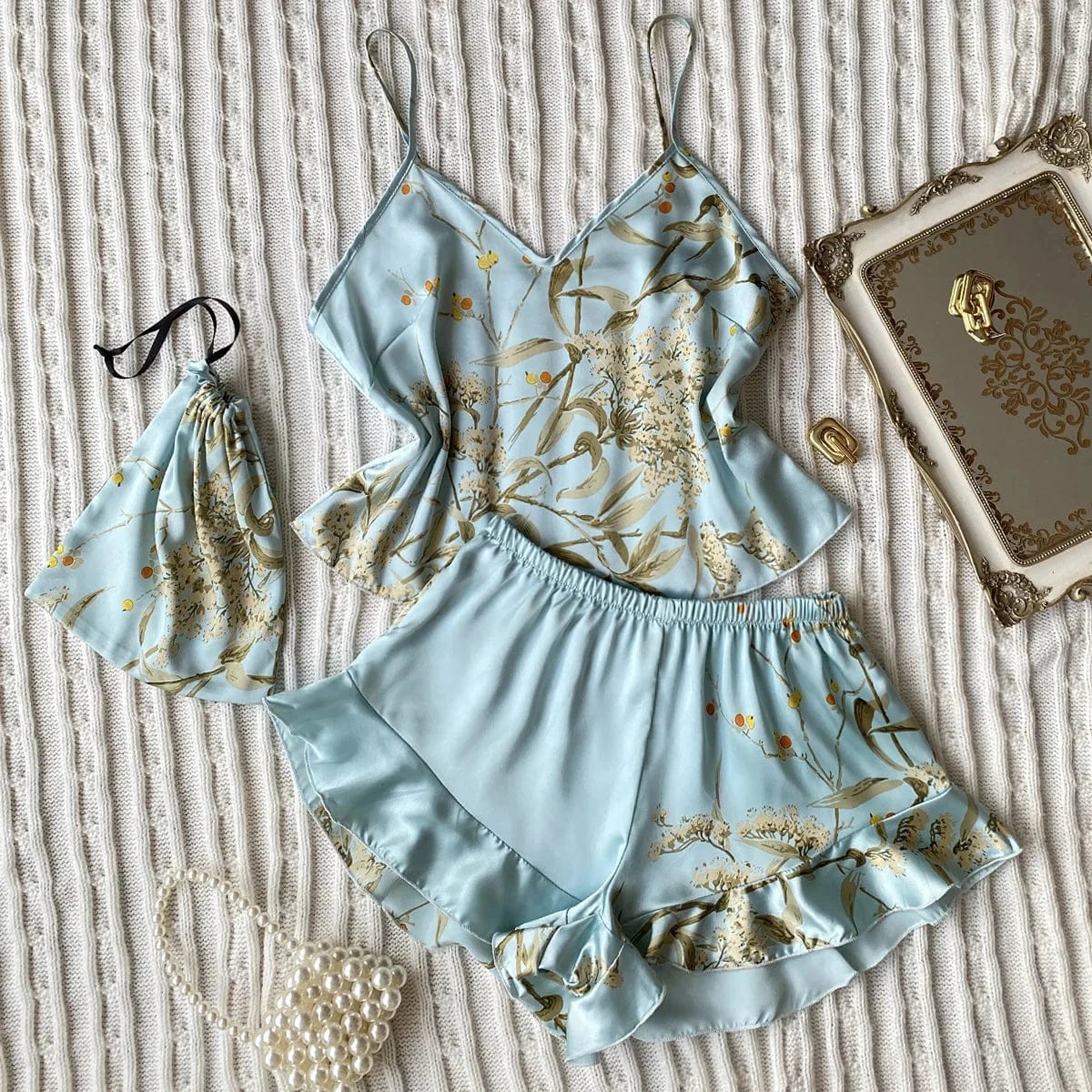 L / Light Blue Women's Sexy Luxury Silk Satin Loungewear Camisole Sleepwear Pajamas Sets 2 Pieces Nightwear Home Suit Pajama 2024