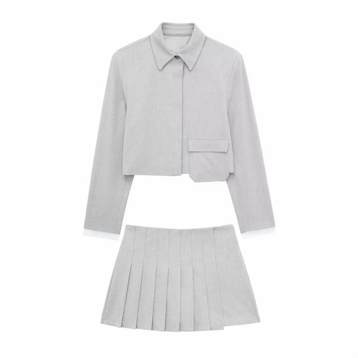 L / light gray GX1608 Fashion 2024 clothes boutique women street wear long sleeve pocket unique shirt and pleated mini skirt short 2 piece set