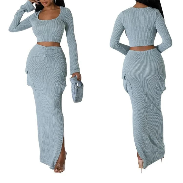 L / Light green Fashion Knit Ribbed Women's Set Long Sleve Jacket and Pocket Side Split Maxi Skirts 2024 Two 2 Piece Sets