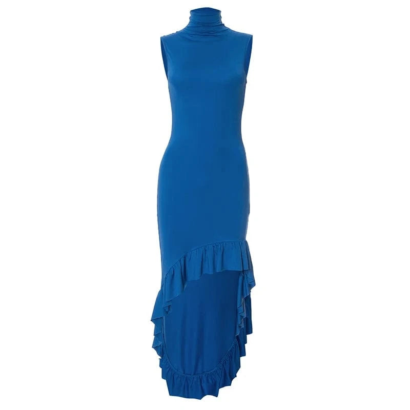 L / M24DS205 Blue Bomblook M24DS205 Elegant Outfits Sleeveless Solid Color Tank Dress Ruffle Midi Asymmetrical Dress New Women's Dresses 2024