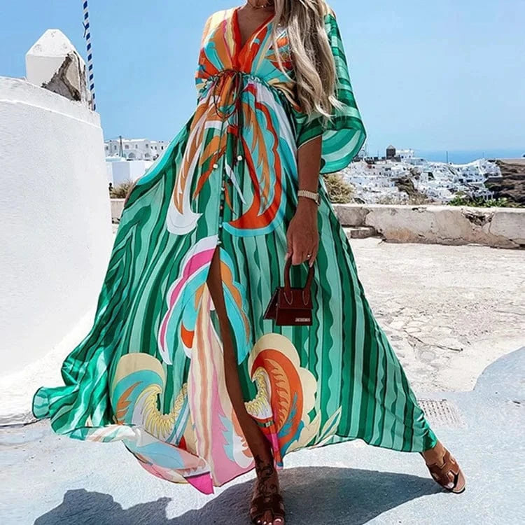 L / MINT 2022 new Vestido Long Sleeve ladies Loose peplum women fashion elegant chiffon Floral Boho Beach clothing Maxi Casual dress