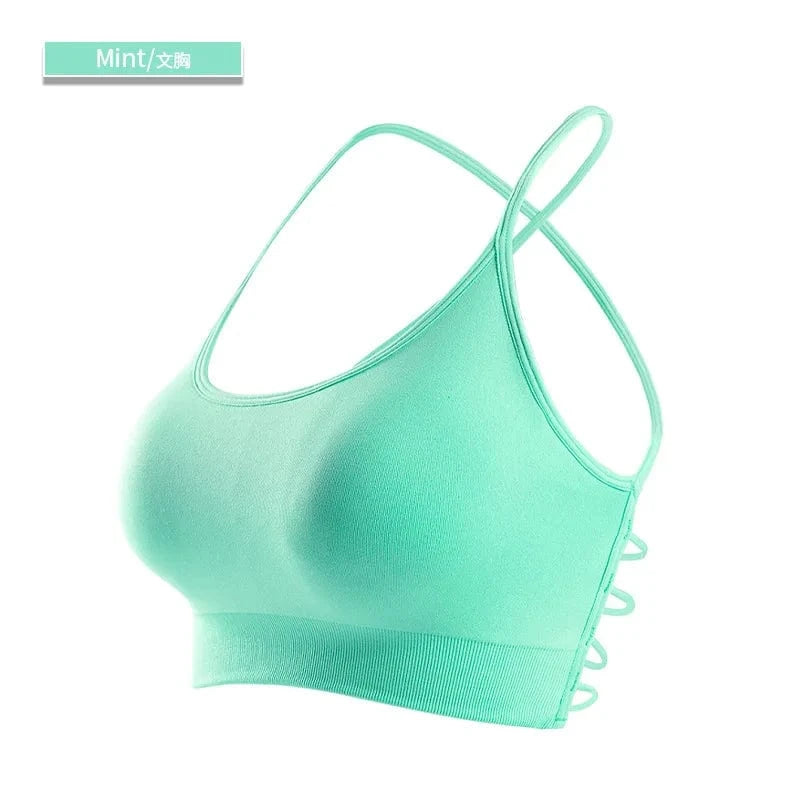 L / Mint 2024 Custom Sexy Yoga Gym High Quality Seamless Cross Back Workout Backless Sports Bra For Women Fitness
