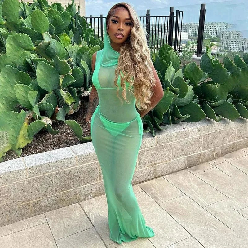 L / MINT Summer Maxi See Through Woman Hoodie Dress Mesh club Sexy Dresses Women Night Bodycon Sleeveless Long Dress
