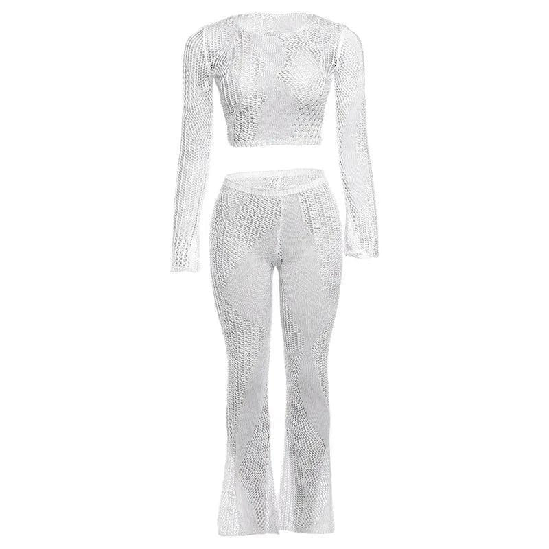 L / MY23ST12254  white Cutenova MY23ST12254 2024 Sexy Knit  Hollow Tight Fitting  Pant Set Two Piece Set Women'S Sets