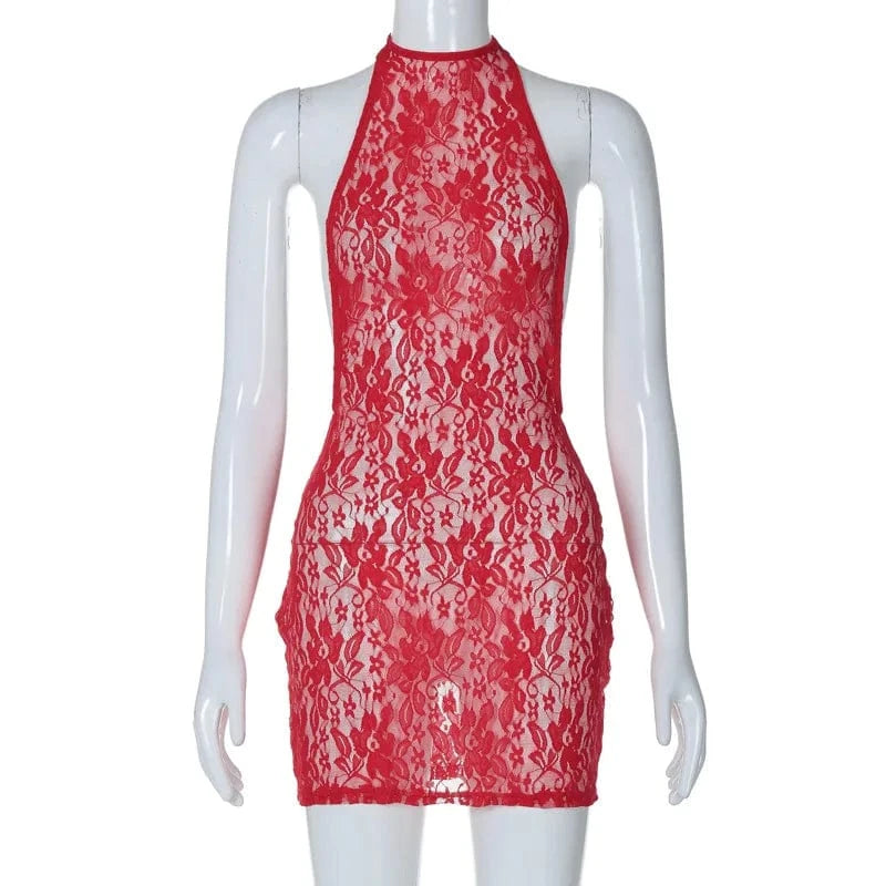 L / MY24DS201 red CUTENOVA MY24DS201 2024 New Lace Halter Mini Dresses Sexy Club Dresses Women's Dresses
