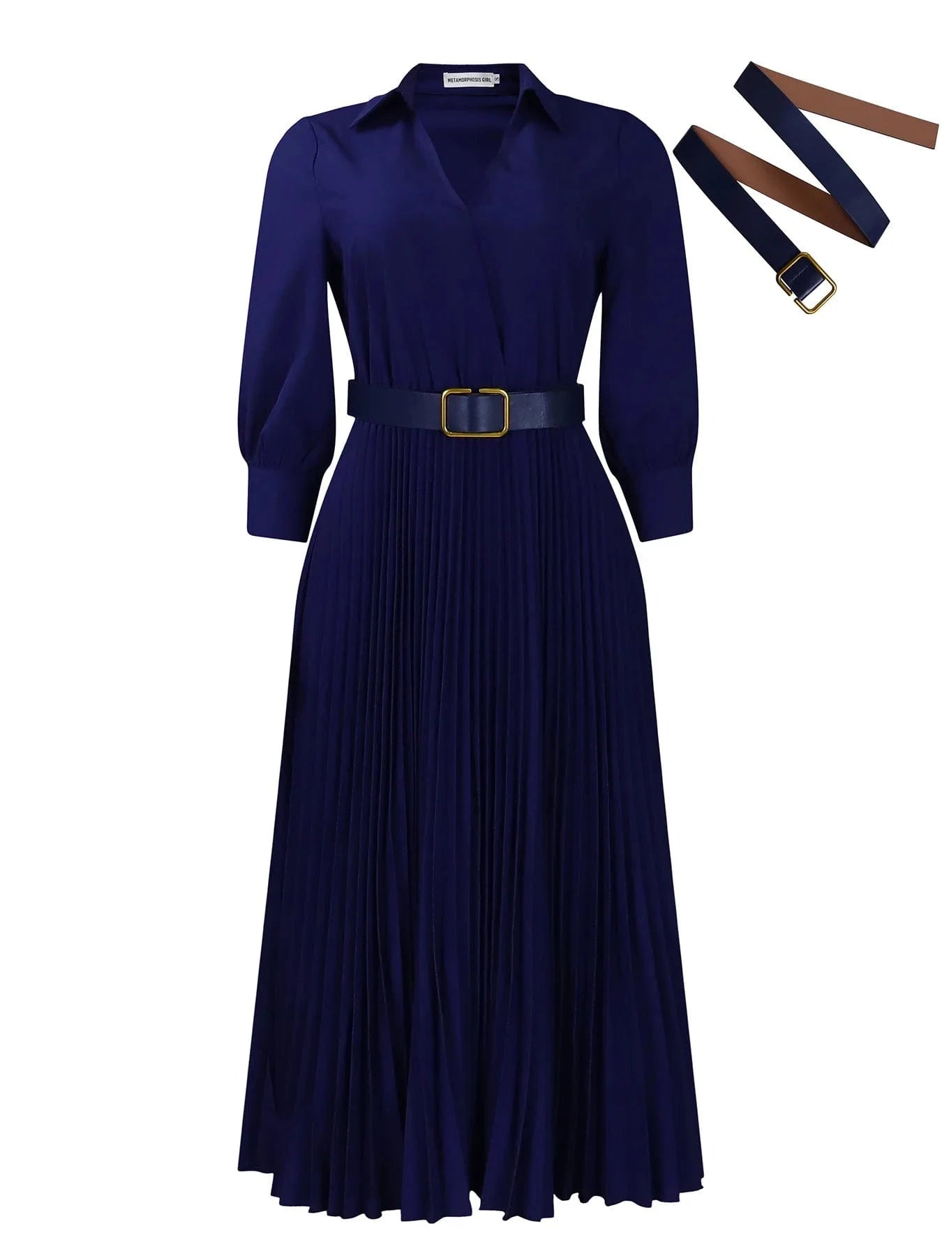 L / NAVY 2024 Wholesale Ladies Long Dress With Belt Women's clothing Party Pleated Dress Long Sleeve Women's Dresses