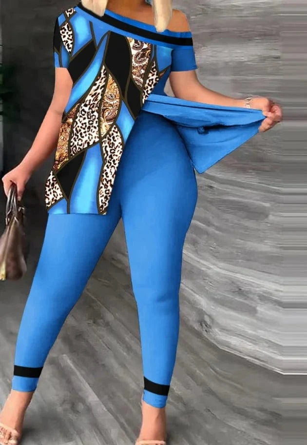 L / new blue print Liu Ming Custom Logo Wholesale Women Summer Two Pieces Casual Print Tops Pants Set