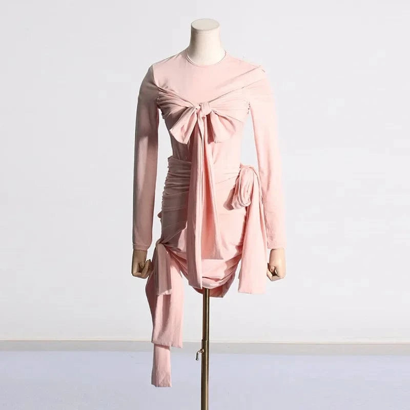 L / Nude Pink GetSpring Women Skirt Sets 2024 Spring Long Sleeve Sexy Bandage T Shirt Elastic High Waisted Wrap Hip Mini Skirt Two Pieces Sets