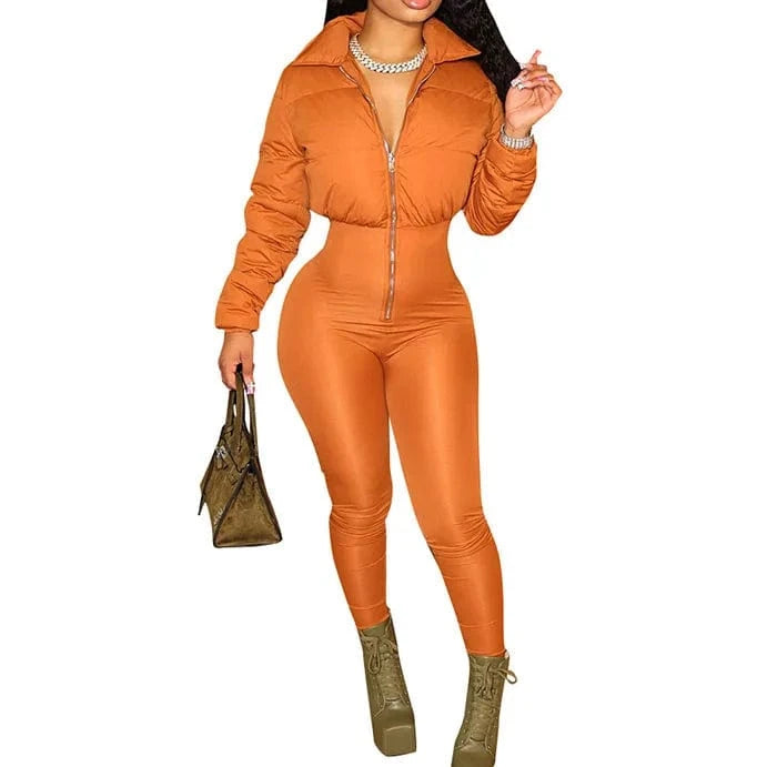 L / Orange 2024 Fashion Women Long Sleeve Puffer Patchwork Winter Jumpsuits Streetwear Lady Bodycon Romper Jumpsuits