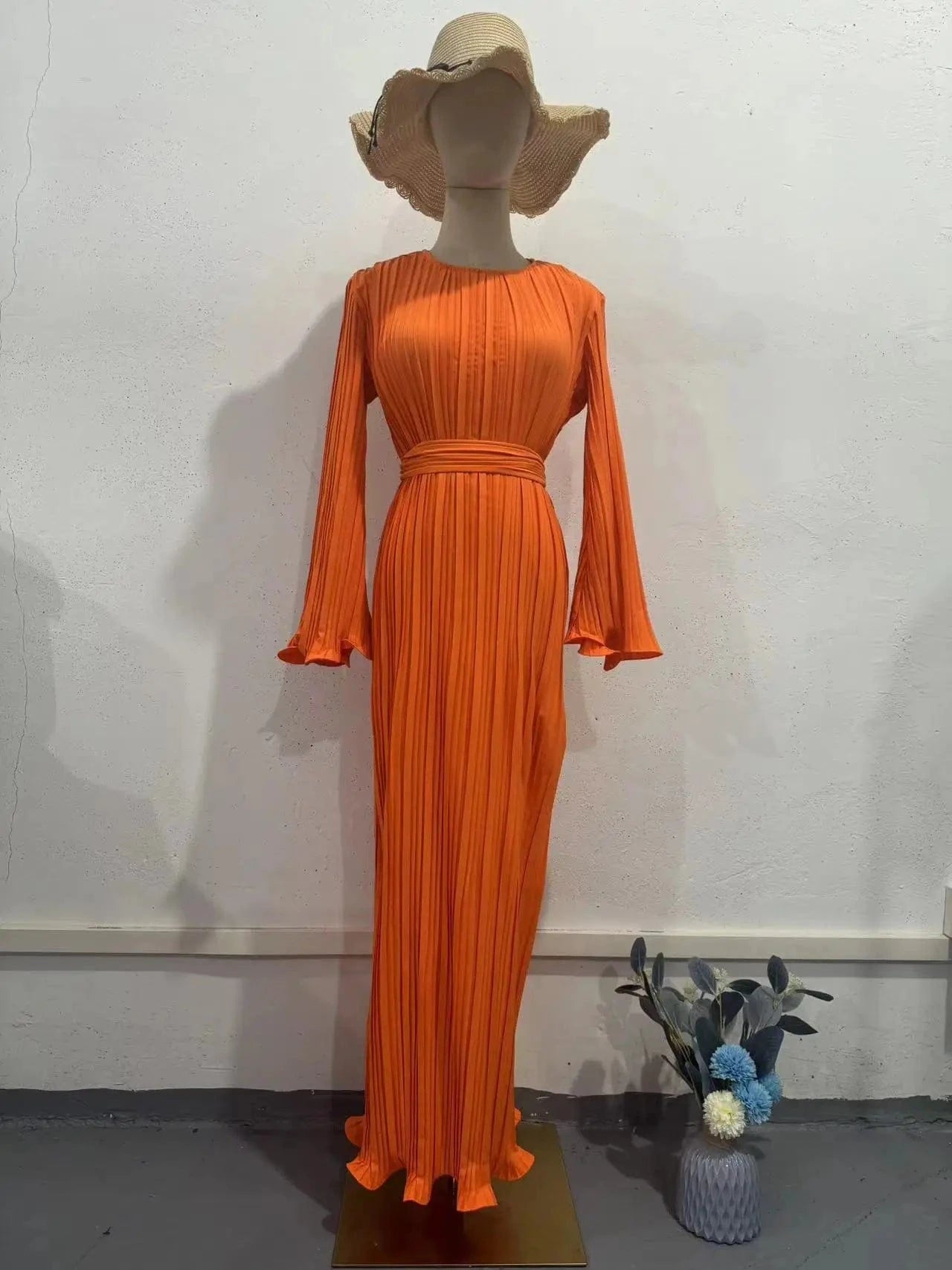 L / Orange 2024 Spring Autumn Women New Fashion Long Dress Women's Casual Solid Color Round Neck Dress Trumpet Sleeve Pleated Abaya Dress