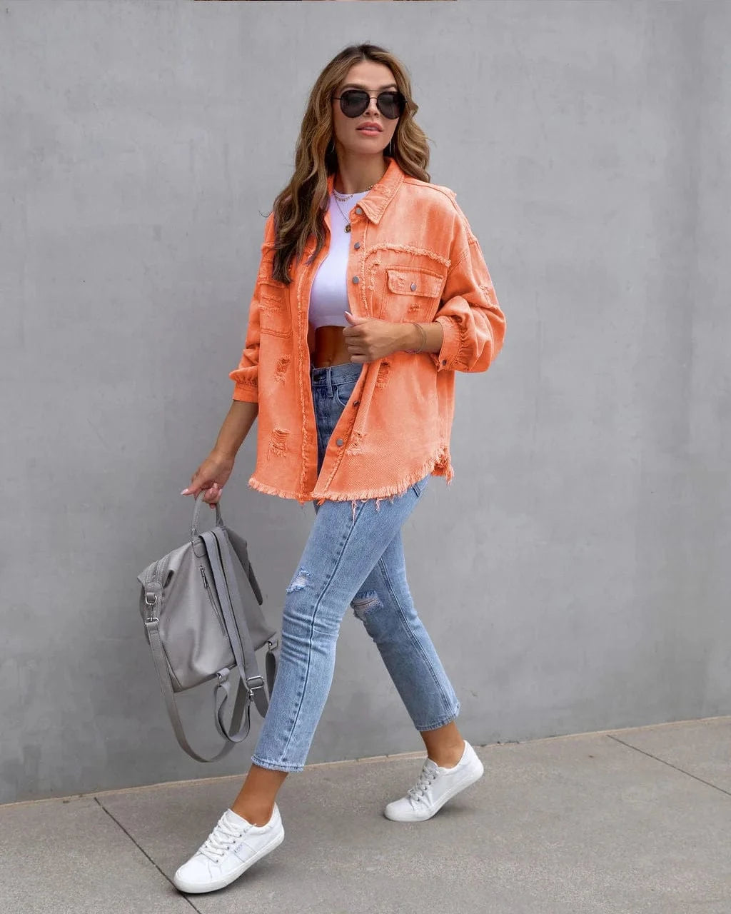 L / Orange DAMOCHIC New Denim Jackets and Coats for Women Winter Autumn Solid Long Sleeve Hole Destroyed Jeans Jacket Coat Trench Casual