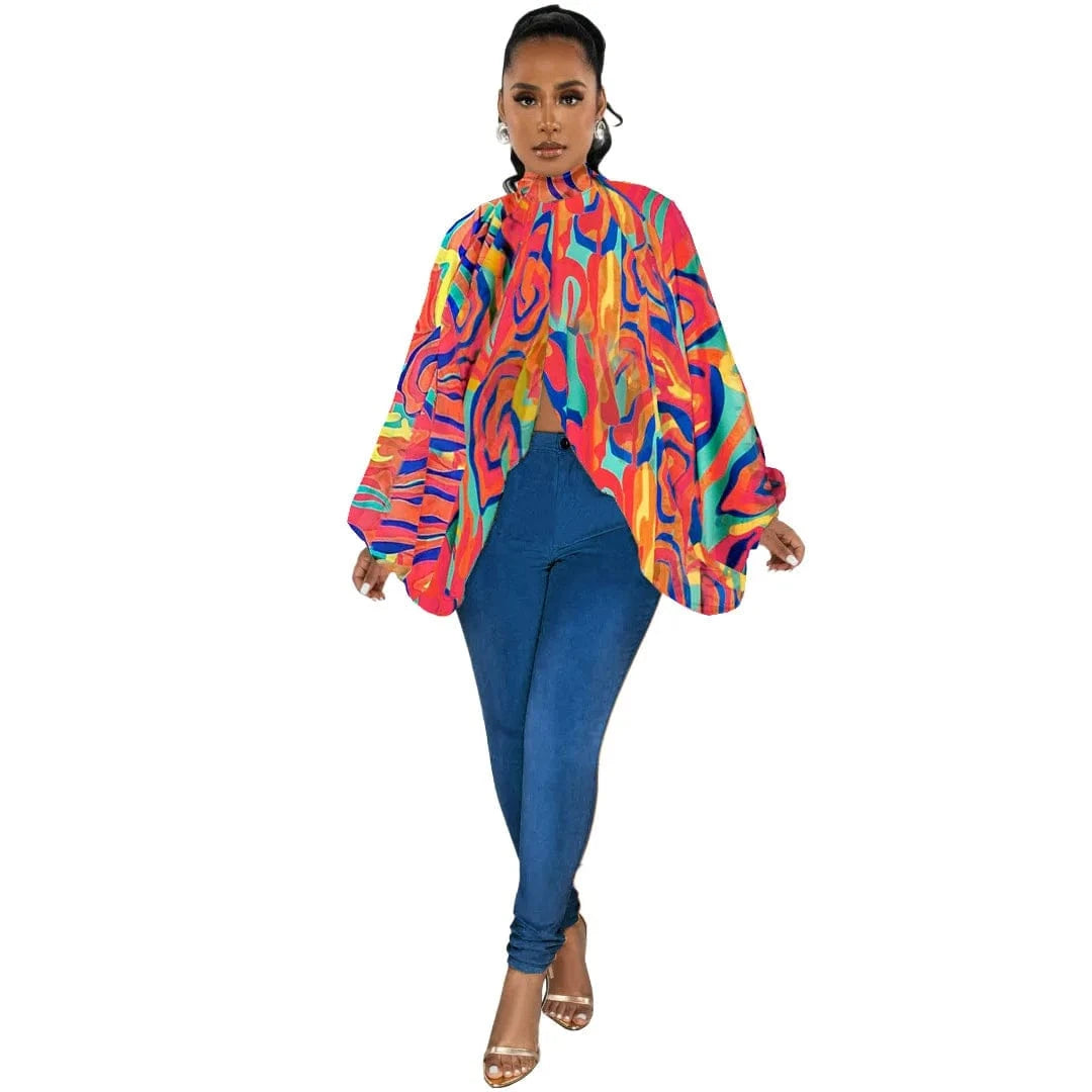 L / orange geometry DAMOCHIC Elegant Print Blouse Shirt Ladies Batwing Sleeve Fall High Neck Lace Up Open Back Tops Female Chiffon Blouse Women 2023