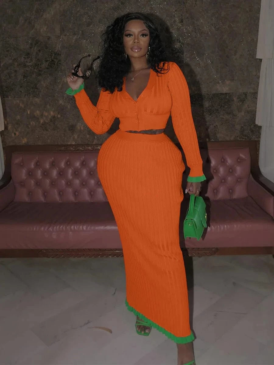 L / Orange Good Quality Autumn Winter New 2024 Women Elegant Streetwear Bodycon Slim Contrast Knitted Long Skirt Set