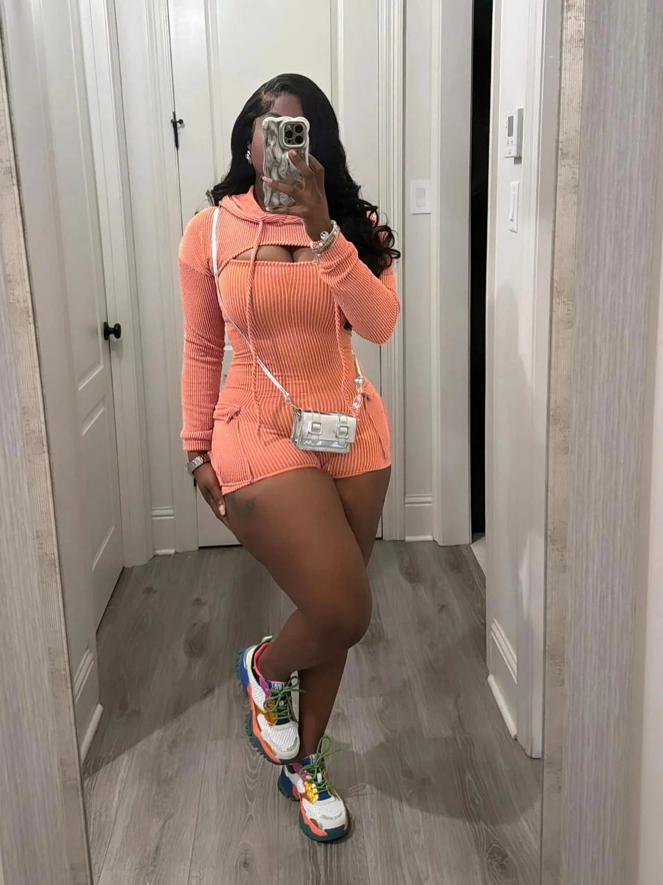 L / Orange GX24019 fashion 2024 women 2 pieces set long sleeve hooded cropped top and sexy one piece jumpsuit romper two piece set women