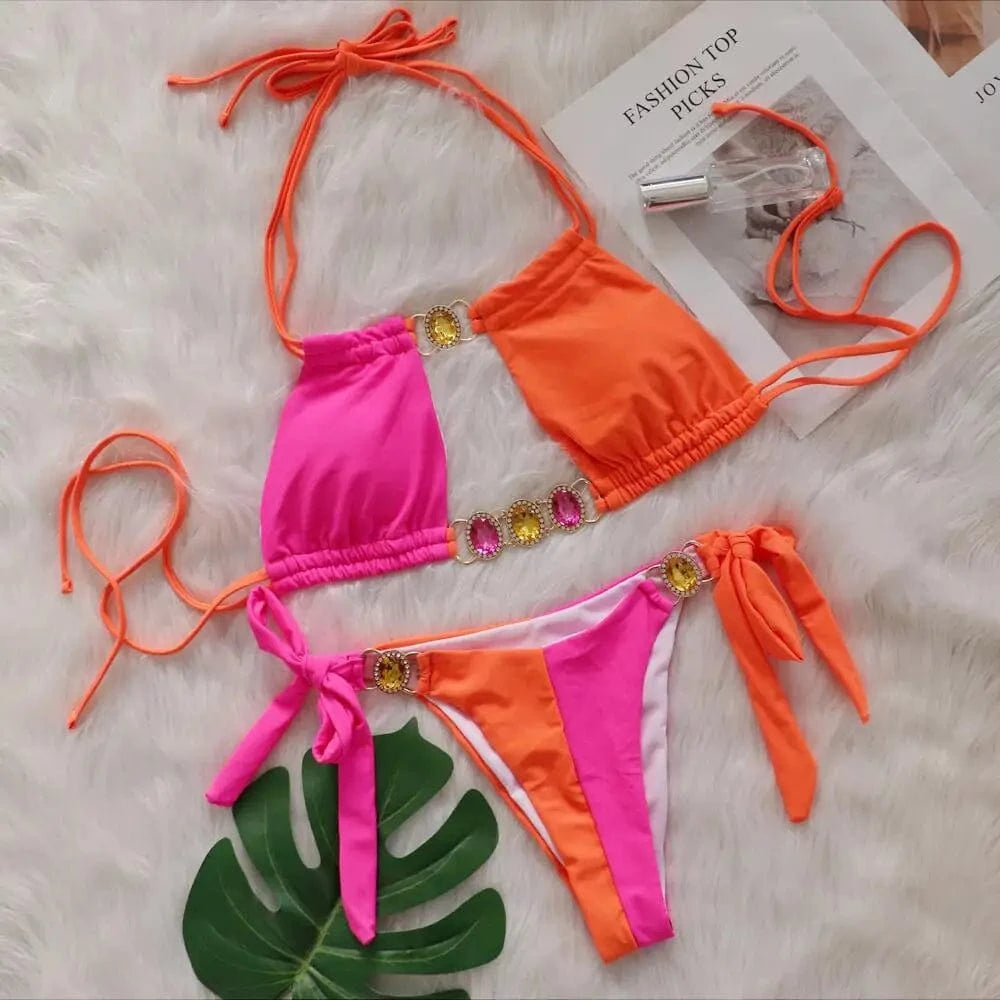 L / Orange New arrivals 2024 summer diamond two piece swimwear beachwear beachwear woman bikini