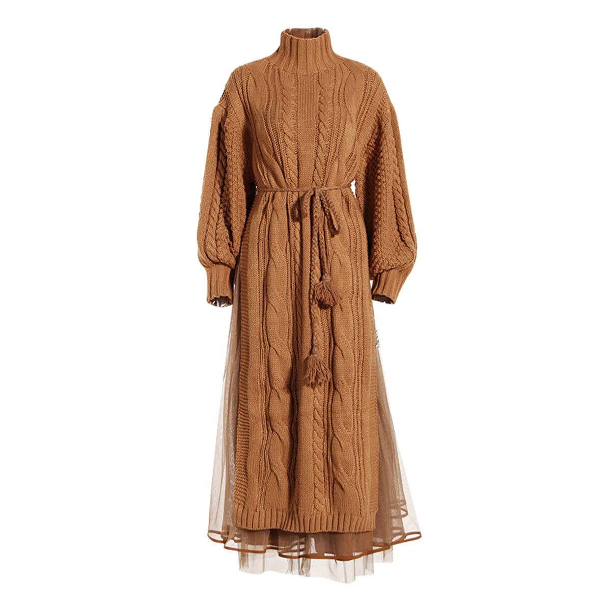 L / Orange OUDINA Stylish New Arrivals Two Piece Set Lantern Sleeve Mesh Skirt Casual Lady Elegant Knit Sweater Women's Dresses