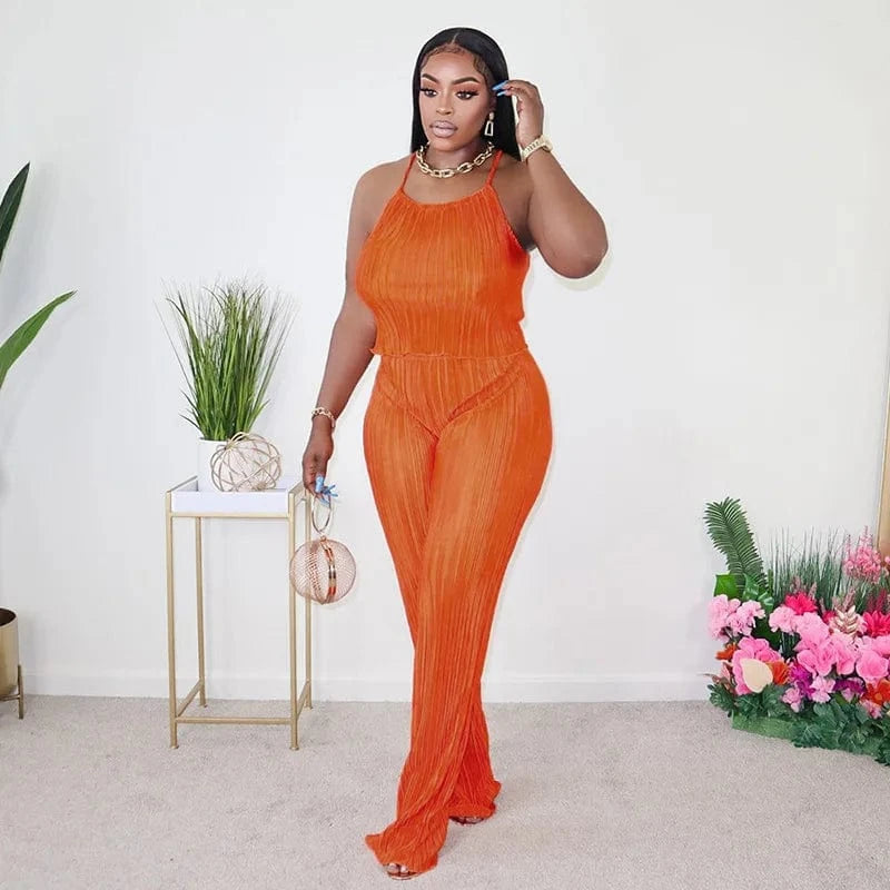 L / Orange Pleated Set 2 Piece Woman Outfits Summer Solid Color Boho Flared Pants Set Women Two Piece Set Crop Top and Pants Pleated