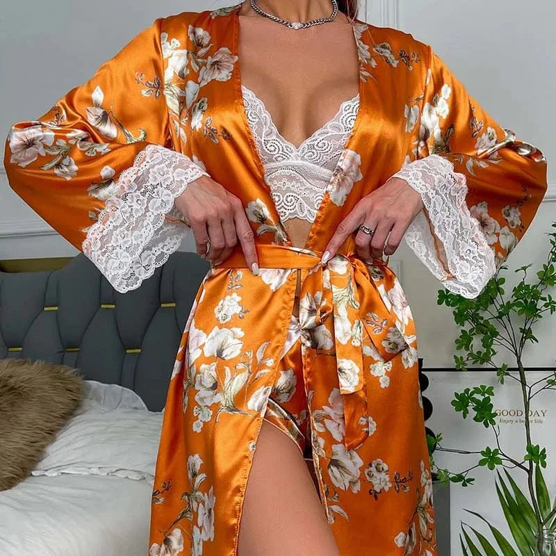 L / Orange RedPeony Charming Nightdress Wild Sleepshirt New Nighties Slim Body Nightwear Sexy Women Romantic Satin Sleepwear Nightgown