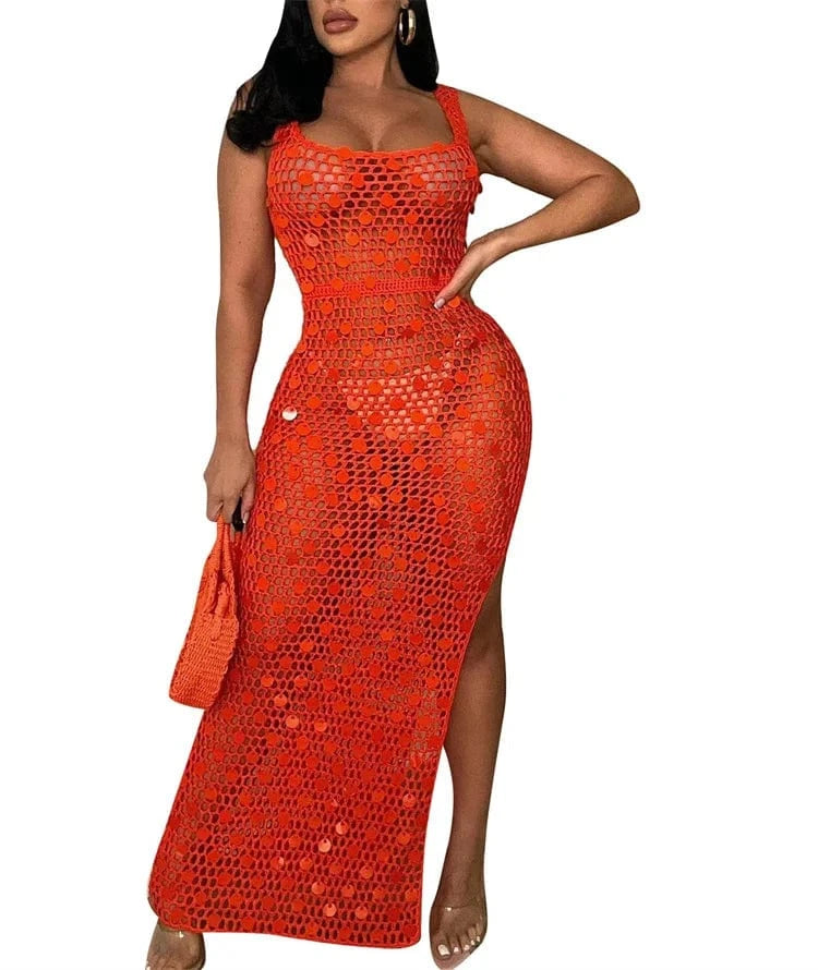 L / Orange Sequined Patchwork Hand Knitted Tank Long Dress Women Sexy Hollow Out Sleeveless Side High Split Summer Beach Robe Cover Up
