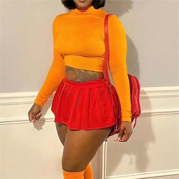 L / Orange Sexy Outfit Solid Color Long Sleeve Cropped Top And Mini Pleated Skirt Matching Set Women Two Piece Set