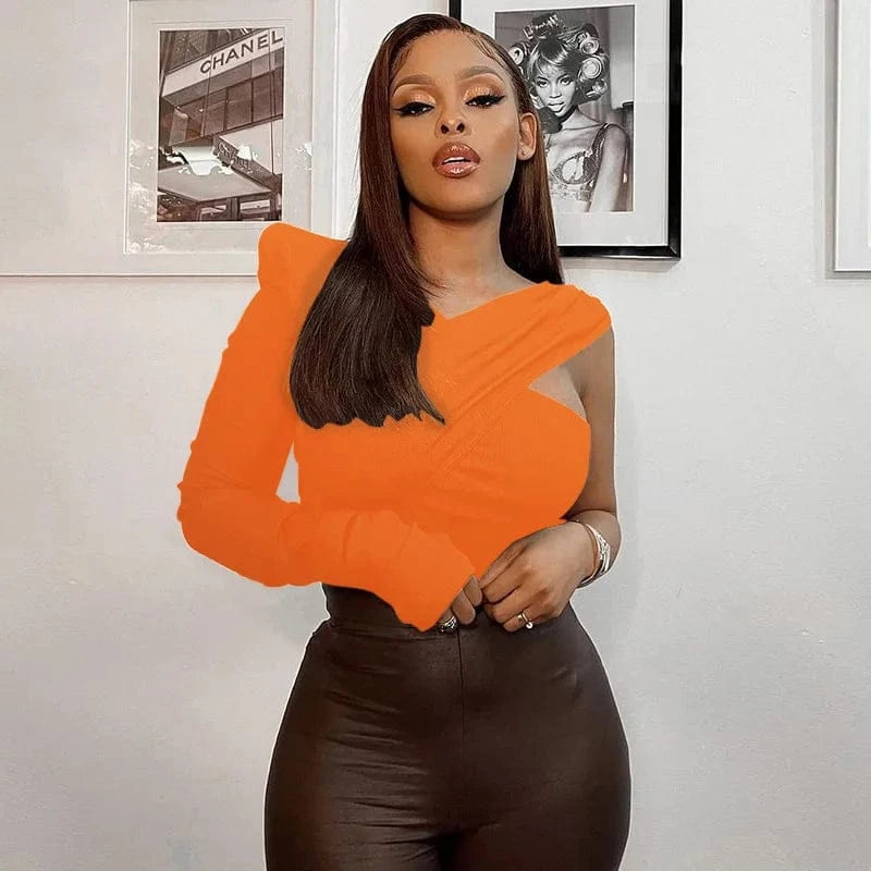 L / Orange Solid color Padded crop Top Women One Shoulder Long Sleeve Slim Top v neck sexy black women's tank tops